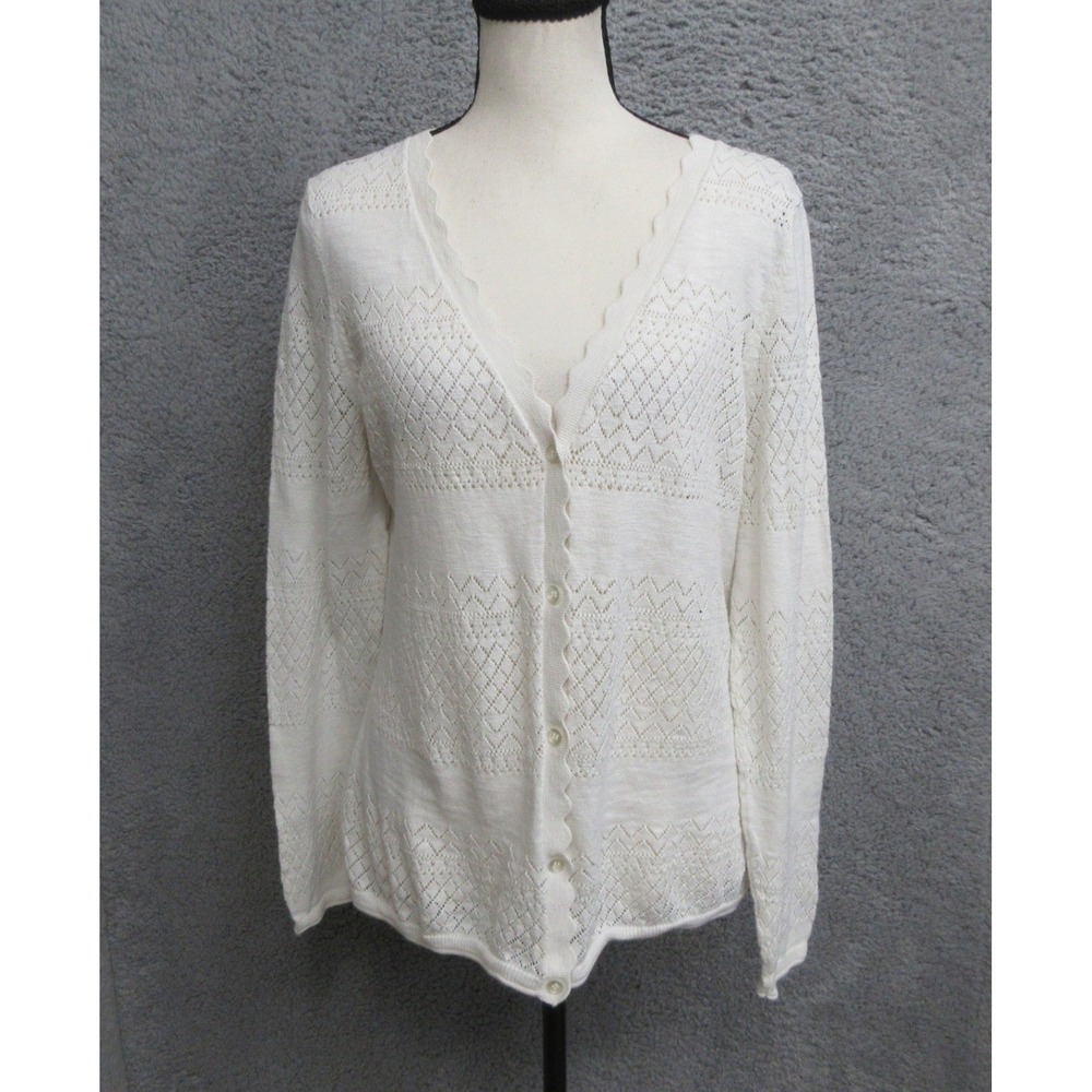 FRYE Crochet Scalloped Cardigan Sweater Women M Ivory Pointelle Cottagecore